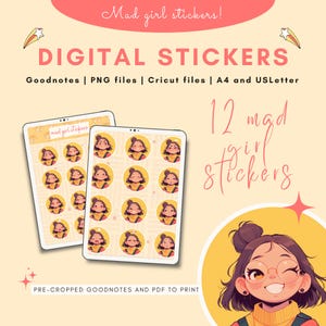 Adesivos digitais fofos para Goodnotes e iPad | Adesivos PNG pré-cortados para agenda | Folha de adesivos A4 e Carta EUA para impressão | Compatível com Cricut