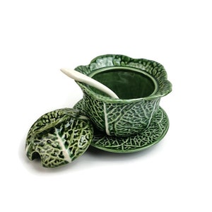 Pottery Honey or Jam Jar with spoon, Green cabbage pot