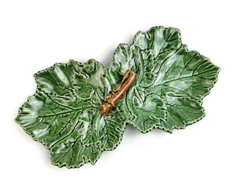 Ceramic Cabbage Leaf Platter, Two Section, Two Cabbage Leaves