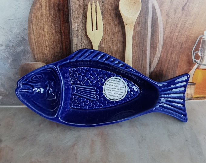Ceramic royal blue color fish shape portuguese olive plate home decor