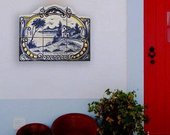 Hand Painted Portuguese Tile Mural: House on the Lake Sign
