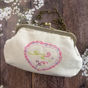 White Embroidered Crossbody Bag, Heart Design, Embroidered Heart Bag - Handmade Gift