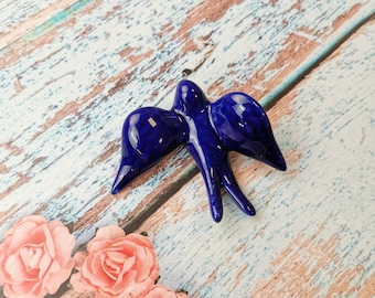 Mini ceramic indigo blue swallow for wall decor (6.5x 8.5cm)