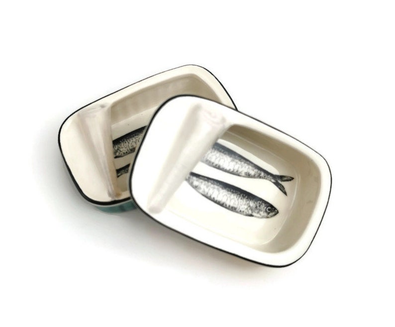 Green aqua Ceramic can with sardines home decor 11.57cm image 7