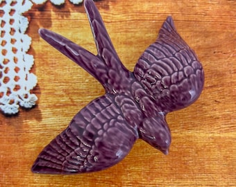 Handmade ceramic swallow in eggplant color size M (13x9cm)