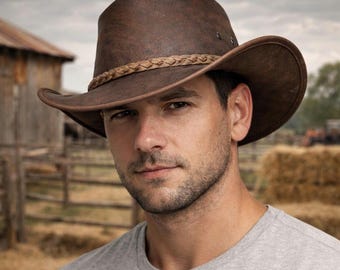 Australian style brown cork cowboy hat with leather appointments