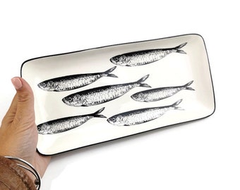 BACK ORDER - Ceramic black color portuguese tray with sardines home decor 29*13.5cm