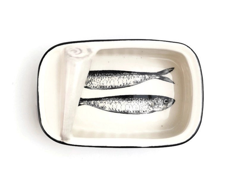 Green aqua Ceramic can with sardines home decor 11.57cm image 6