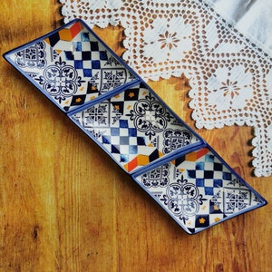 Ceramic portuguese triple appetizer with tiles home decor 30 x 8 cm image 1