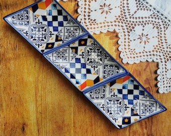Ceramic portuguese triple appetizer with tiles home decor 30 x 8 cm