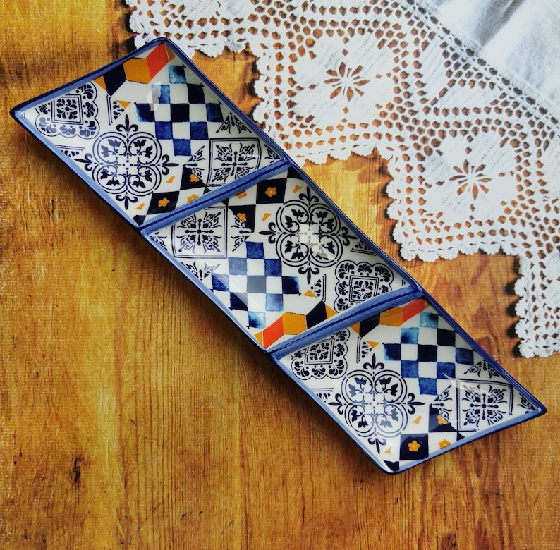 Ceramic portuguese triple appetizer with tiles home decor 30 x 8 cm image 1