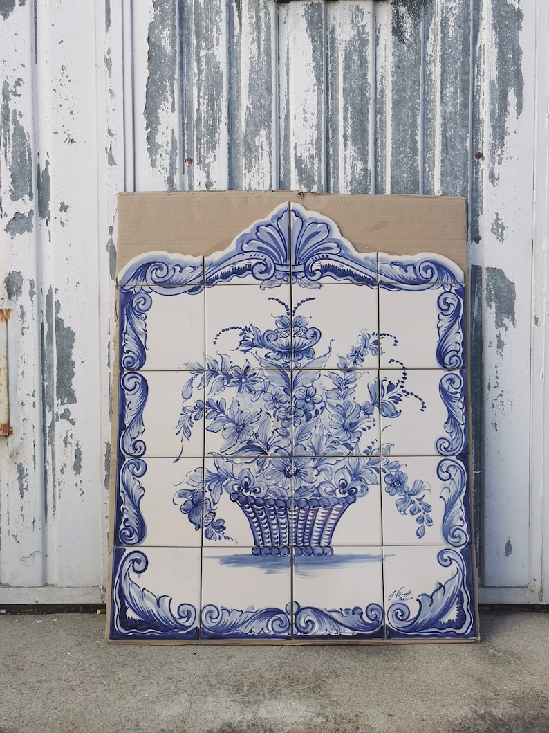 Portuguese Hand Painted Tiles Sign, Portuguese Flowers Jar Hand Painted Tile Mural, Portuguese Tiles, Ceramic Tiles image 5