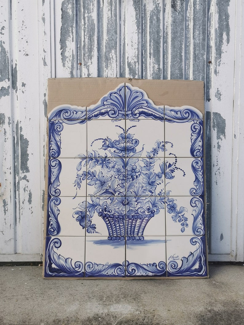 Portuguese Hand Painted Tiles Sign, Portuguese Flowers Jar Hand Painted Tile Mural, Portuguese Tiles, Ceramic Tiles image 3