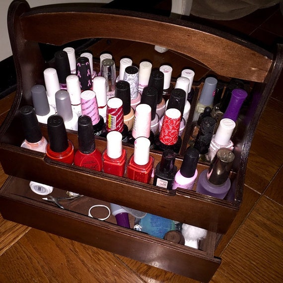 Nail Polish Organizer Wooden Storage Box, With Dividers and a