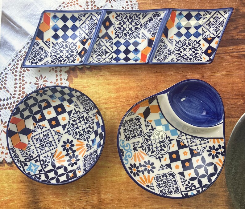 Ceramic portuguese triple appetizer with tiles home decor 30 x 8 cm image 2