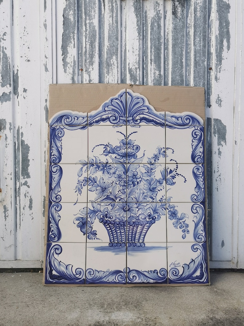 Portuguese Hand Painted Tiles Sign, Portuguese Flowers Jar Hand Painted Tile Mural, Portuguese Tiles, Ceramic Tiles image 4