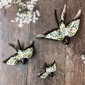 Unique bundle - 3 ceramic handpainted brown swallow with floral for wall decor