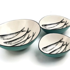 Portuguese bowl in aqua green ceramic with sardines home decoration 16,5*16cm