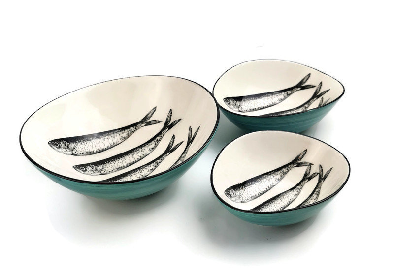 Portuguese bowl in aqua green ceramic with sardines home decoration 16,5*16cm