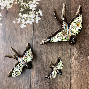 Unique bundle - 3 ceramic handpainted brown swallow with flowers and tiles for wall decor