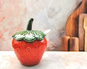 Ceramic sugar jar or Jam Jar with spoon and plate , Strawberry ceramic pot