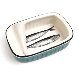 Green aqua Ceramic can with sardines home decor 11.57cm image 1