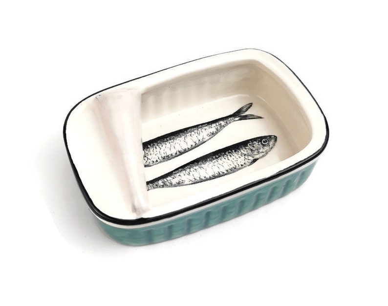 Green aqua Ceramic can with sardines home decor 11.57cm image 1