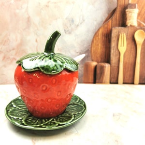 Ceramic sugar jar or Jam Jar with spoon and plate , Strawberry ceramic pot