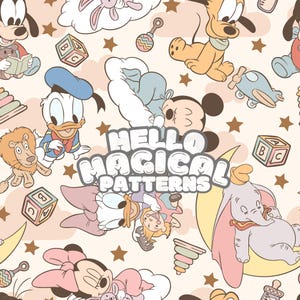 Magical Baby Friends Seamless Pattern , Cartoon Baby Mouse and Friends Seamless Pattern, Repeating file for all Printable Surfaces