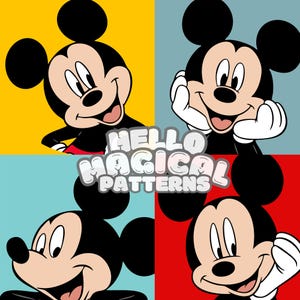 Könnte beinhalten: Eine Collage aus vier Bildern, die Mickey Mouse in verschiedenen Posen zeigen. Jedes Bild hat eine andere Hintergrundfarbe: Gelb, Blau, Grün und Rot. Der Text "HELLO MAGICAL PATTERNS" befindet sich in der Mitte der Collage.