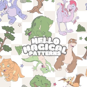 Patrón sin costuras de dinosaurio mágico y sus amigos, patrón sin costuras de dinosaurio de dibujos animados retro, archivo repetido para todas las superficies imprimibles
