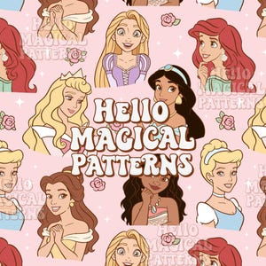 Puede incluir: Patrón repetitivo con ilustraciones de princesas sobre un fondo rosa claro. La frase "Hello Magical Patterns" se muestra de forma destacada. Rosas y estrellas también están incluidas en el diseño.