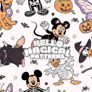 Op de afbeelding: Een naadloos patroon met stripfiguren in Halloween-kostuums. Mickey Mouse, Minnie Mouse, Donald Duck en Pluto worden afgebeeld als skelet, kat, mummie en fee. Pompoenen, vleermuizen, spinnen en sterren zijn ook inbegrepen. De tekst "HELLO MAGICAL PATTERNS" staat in het midden.