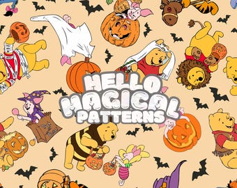 Halloween Bear and Friends Seamless Pattern, Halloween Cartoon Seamless Design, Pattern for all printable sublimation, Rgb and Cmyk files