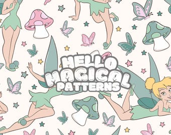 魔法の妖精のシームレスパターン：印刷可能な布地デザイン（デジタルパターン）