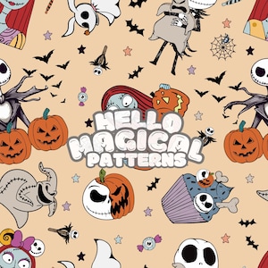 Puede incluir: Un patrón colorido de temática de Halloween con personajes de la película Pesadilla antes de Navidad. El patrón incluye a Jack Skellington, Sally, Zero el perro fantasma, Oogie Boogie y otros personajes. El texto "Hello Magical Patterns" también está incluido en el patrón.