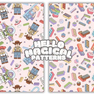 Bundle of 2 Magical Buildinfg Bricks Design, Cartoon Toys Building Blocks Seamless Pattern, Repeating files for All Printable Surfaces