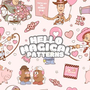 Patrón sin costuras de Amigos de la Historia de San Valentín, Diseño sin costuras de dibujos animados para el Día de San Valentín para todas las superficies imprimibles