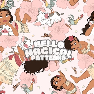 Patrón sin costuras de princesa mágica de Maui, patrón sin costuras de princesa floral de dibujos animados, archivo repetido para todas las superficies imprimibles, RGB y CMYK