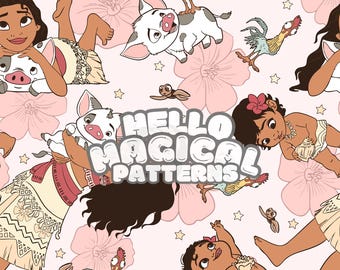 Magical Maui Princess Seamless Pattern, Cartoon Floral Princess Seamless Pattern, Repeating file for All Printable Surfaces, RGB and CMYK