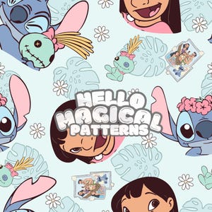 Padrão sem emenda de monstro e amigo, padrão sem emenda de monstro Ohana de desenho animado para todas as superfícies imprimíveis, arquivos RGB e CMYK