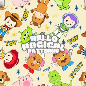 Hello Magical Baby Toys Seamless Pattern, Story Cartoon Seamless Design do sublimacji tkanin, pliki RGB i CMYK do użytku komercyjnego