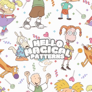 以下が含まれることがあります： ニコロデオンの番組「おさるのジョージ」のキャラクターをフィーチャーしたカラフルな漫画のパターン。パターンには、トミー・ピクルズ、チャッキー・フィンスター、フィルとリル・デヴィル、アンジェリカ・ピクルズ、そして犬のスパイクなどのキャラクターが含まれています。パターンの中央には「HELLO MAGICAL PATTERNS」というテキストが書かれています。