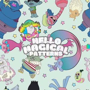May include: A colorful seamless pattern featuring various cartoon trolls with different hairstyles, expressions, and outfits. The pattern includes the text "Hello Magical Patterns".