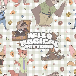 Könnte beinhalten: Ein sich wiederholendes Muster mit Zeichentrickfiguren aus Zoomania, darunter Judy Hopps, Nick Wilde und Flash. Das Design umfasst Donuts, Karotten, Sterne und den Text "Hello Magical Patterns" auf kariertem Hintergrund.