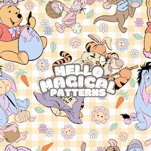 May include: A repeating pattern featuring cartoon characters, including Winnie the Pooh, Tigger, and Eeyore, with Easter-themed elements like eggs, carrots, and flowers. The text "HELLO MAGICAL PATTERNS" is also present. The background has a yellow and white checkered pattern.