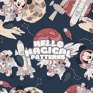 Patrón sin costuras de astronauta de ratón mágico, archivo sin costuras de espacio de dibujos animados, archivo repetido para todas las superficies imprimibles, archivos RGB y CMYK