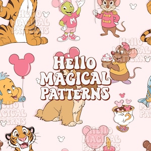 Puede incluir: Un patrón repetitivo con personajes de dibujos animados y el texto "Hello Magical Patterns" sobre un fondo rosa claro. Los personajes incluyen un tigre, un ratón y un león. También hay globos e iconos rosas de Mickey Mouse.