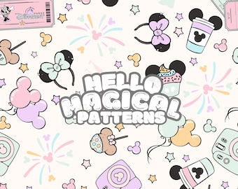 Magical World Seamless Pattern, Cartoon Ticket Seamless Design, Pattern for all Printable Surfaces, Rgb and Cmyk files