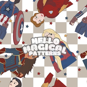 Modello senza cuciture Super Hero Girls, design senza cuciture di eroi dei cartoni animati, file ripetuto per tutte le superfici stampabili, file RGB e CMYK